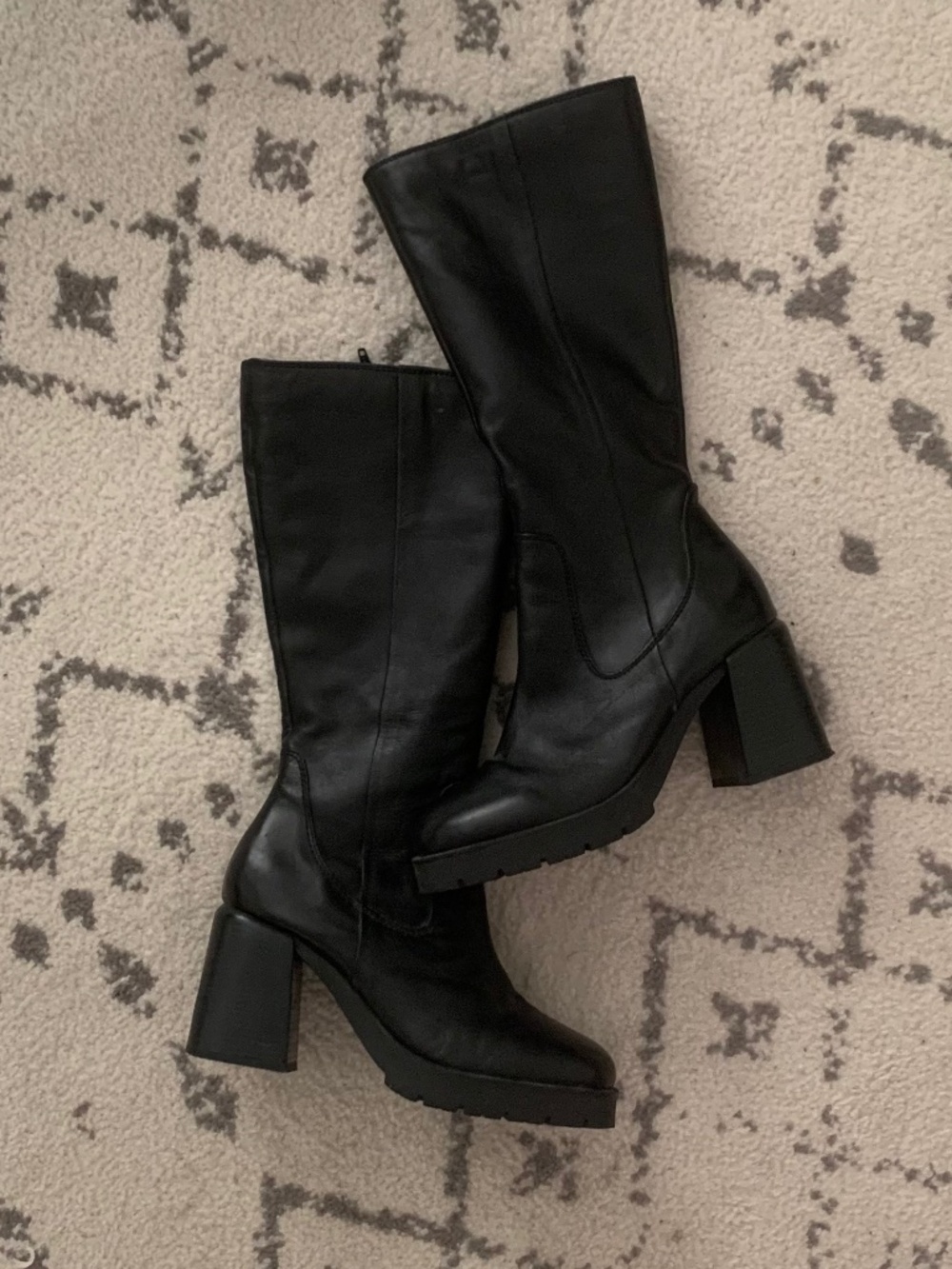 Black Genuine Leather Knee High Boots Rounded Square Toe Block Heel Size 10